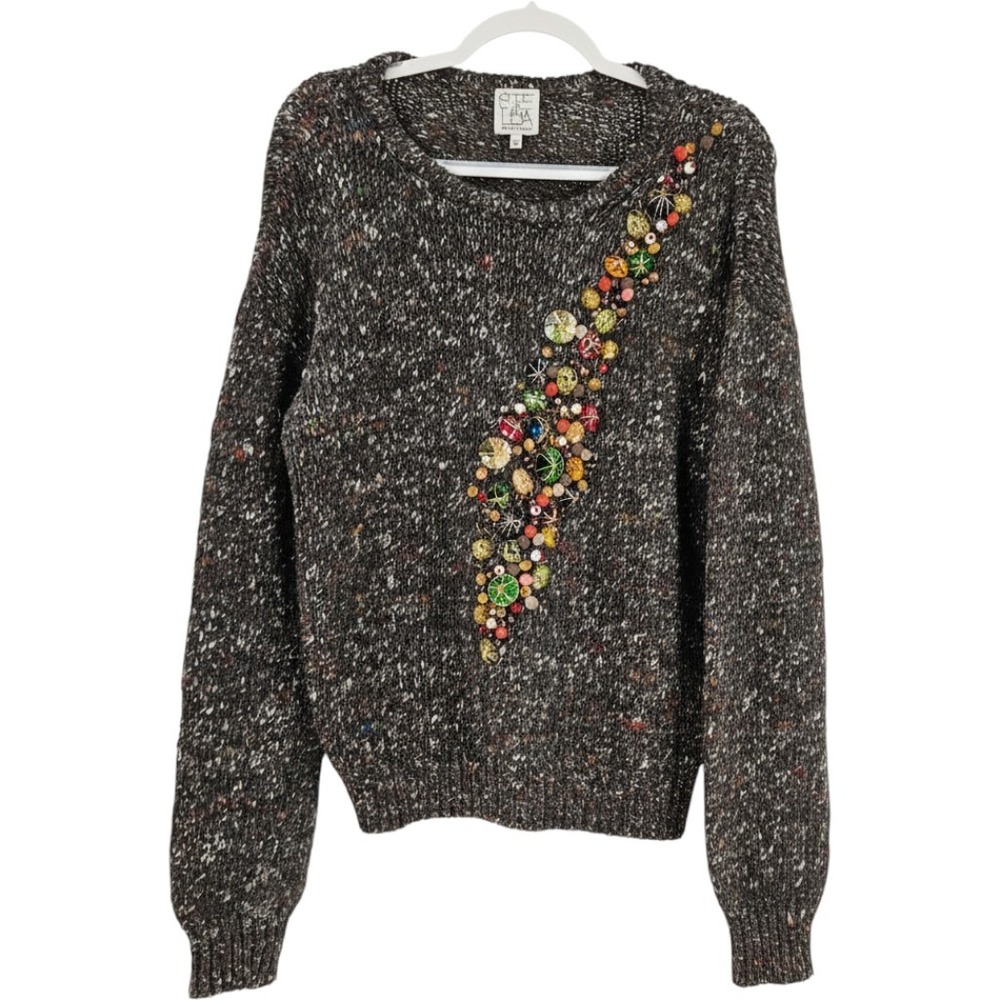 Stella Jean Bejeweled Alpaca Wool Silk Sweater Gray Embellished Holiday 42 US 6